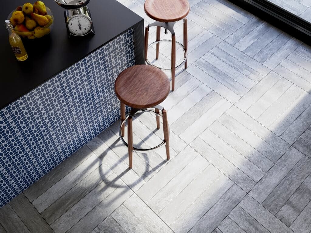 Kitchen with crosshatch tile floor pattern