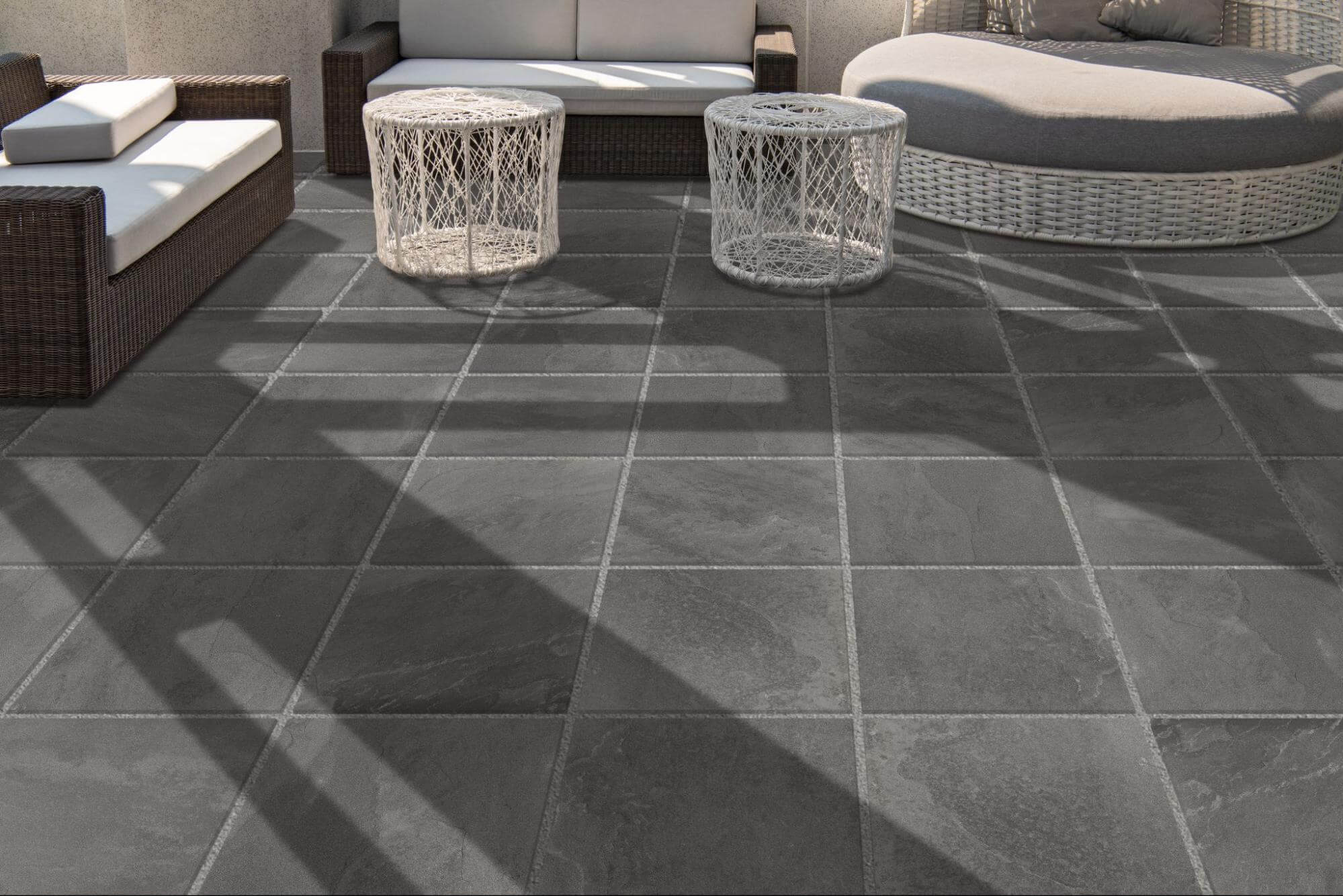 Close-up to patio flooring with large-format pavers 