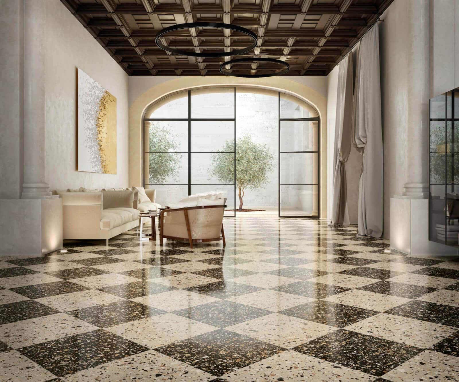 Large living room with checkerboard Floor Tile Pattern
