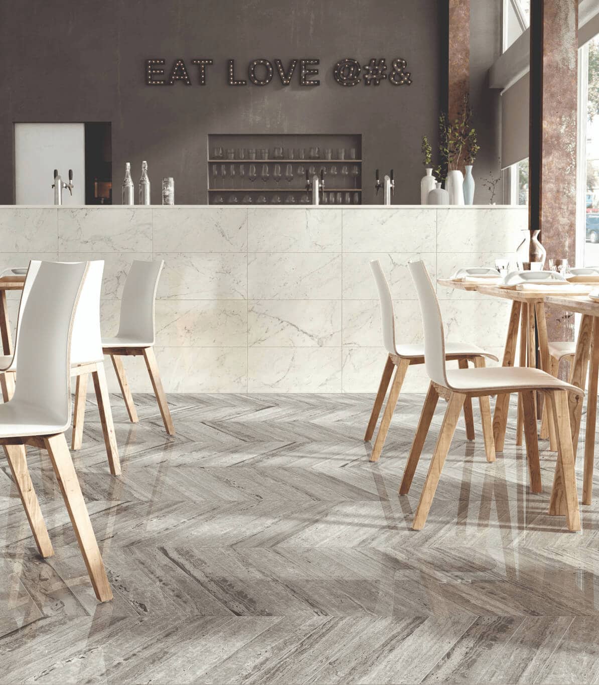 Restaurant interior with chevron tile floor pattern