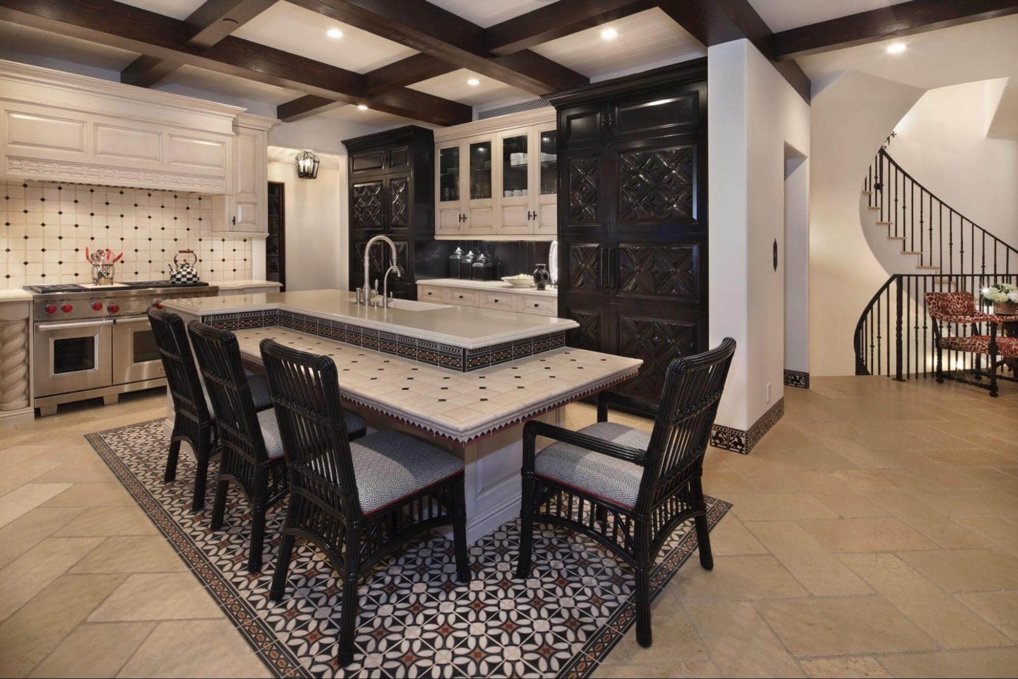 Traditional kitchen with T-cross border floor tile pattern
