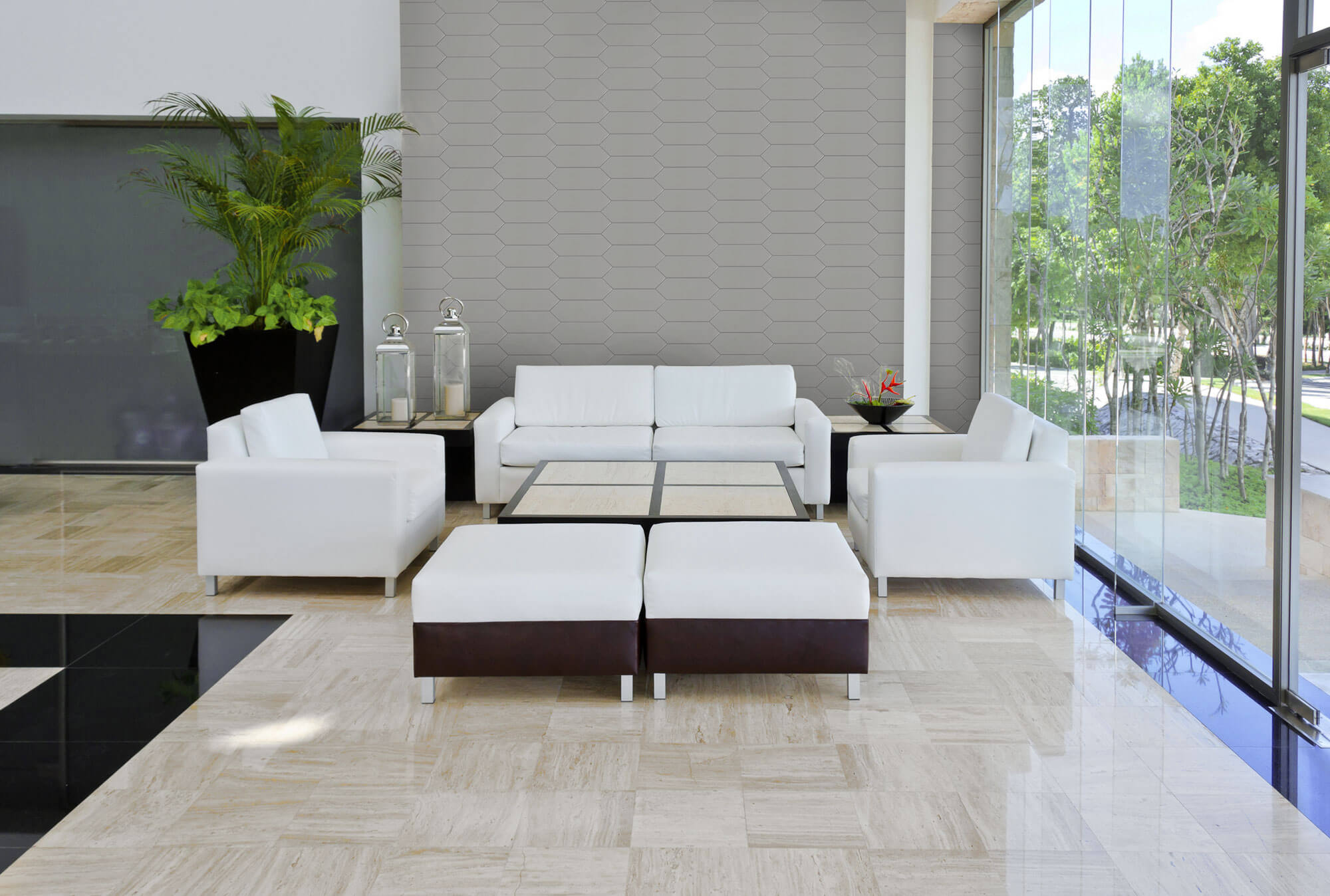 Spacious Living room with Square Grid (Straight Lay) Floor Tile Pattern