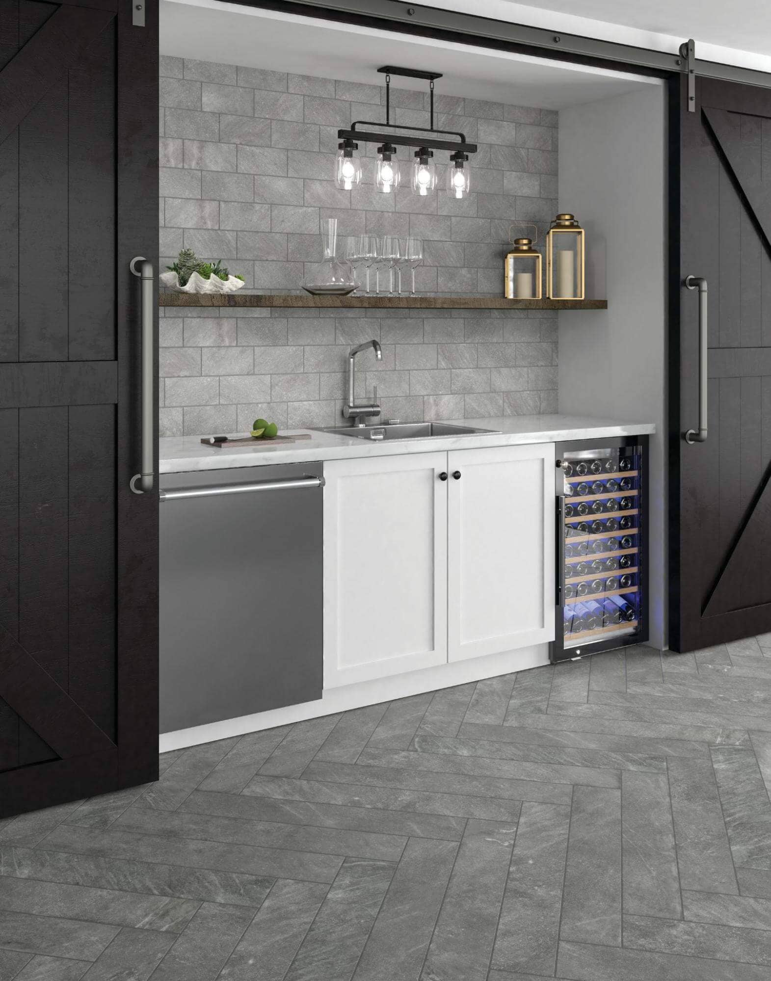 Modern kitchen with herringbone tile floor pattern