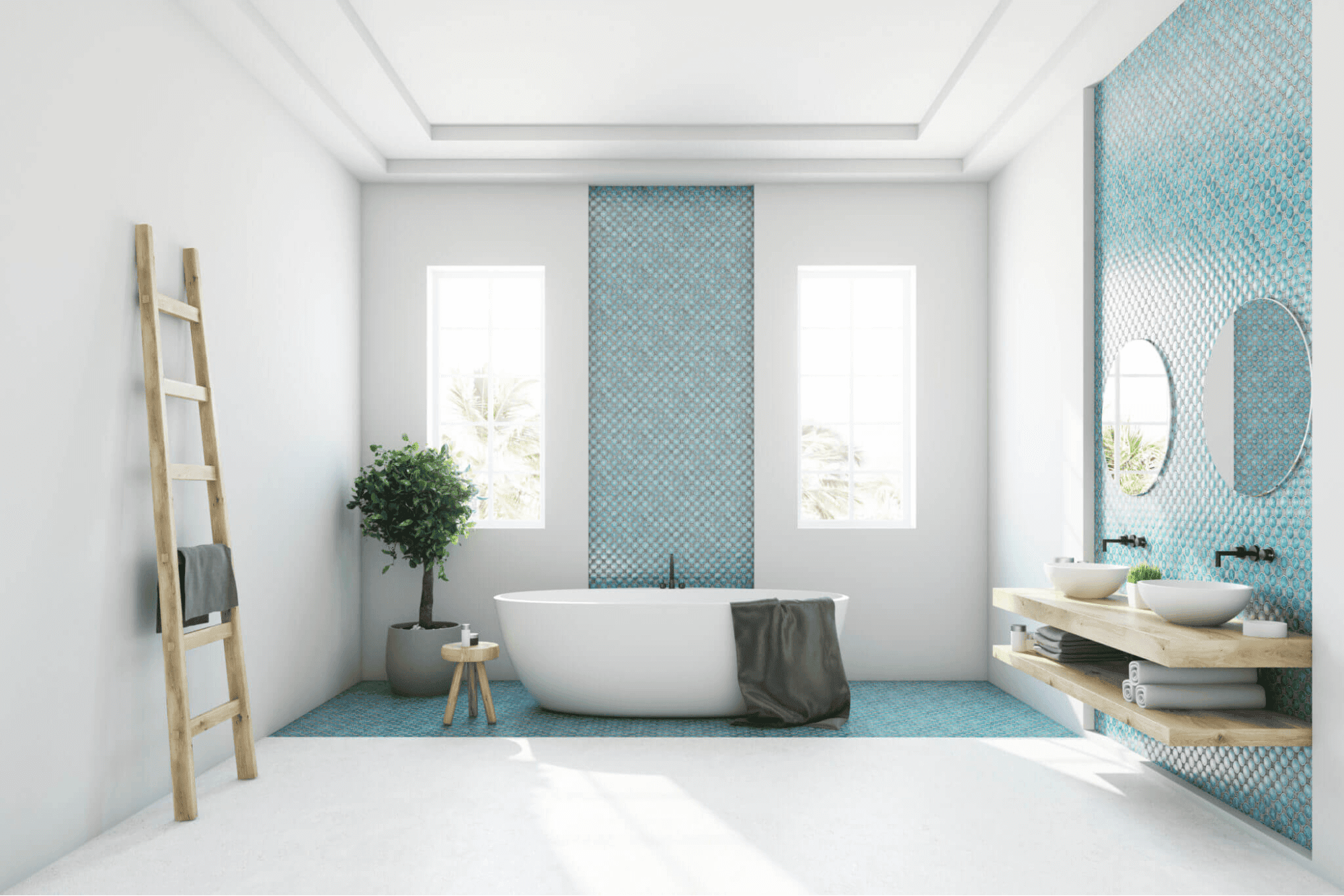 Bathroom with penny round tile floor pattern