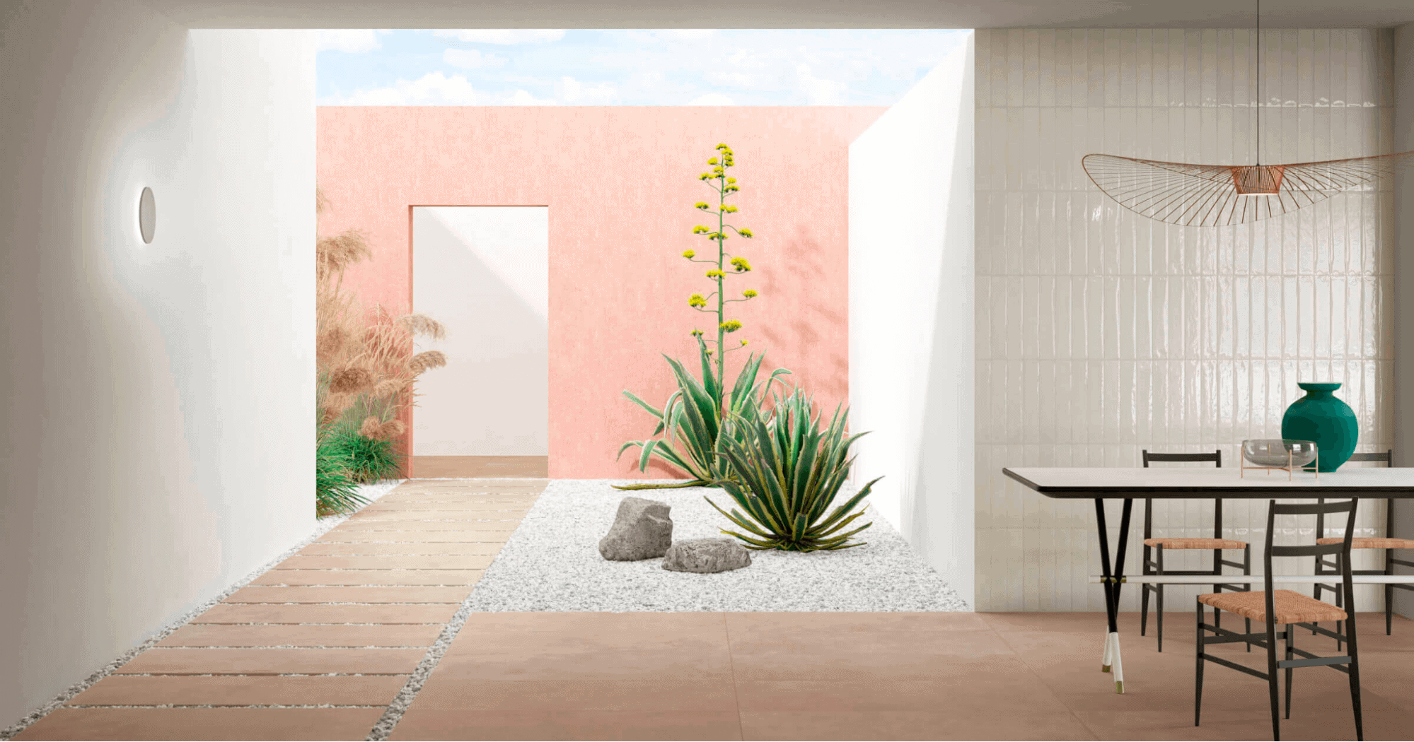 Porcelain pavers for a contemporary, terracotta look with a lighter and more pinkish walls