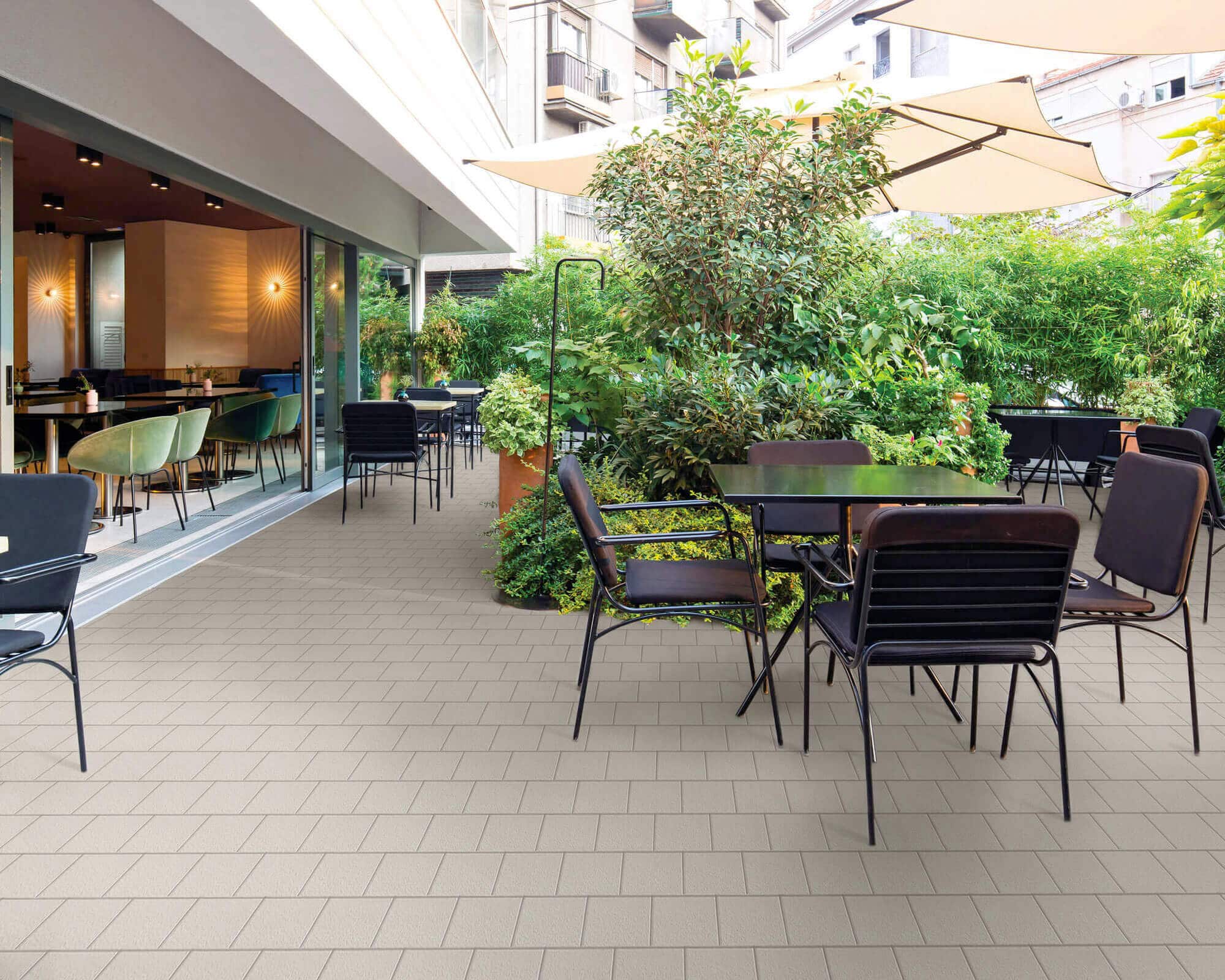 Restaurant exterior with staggered grid (Brickwork Square) floor tile Pattern