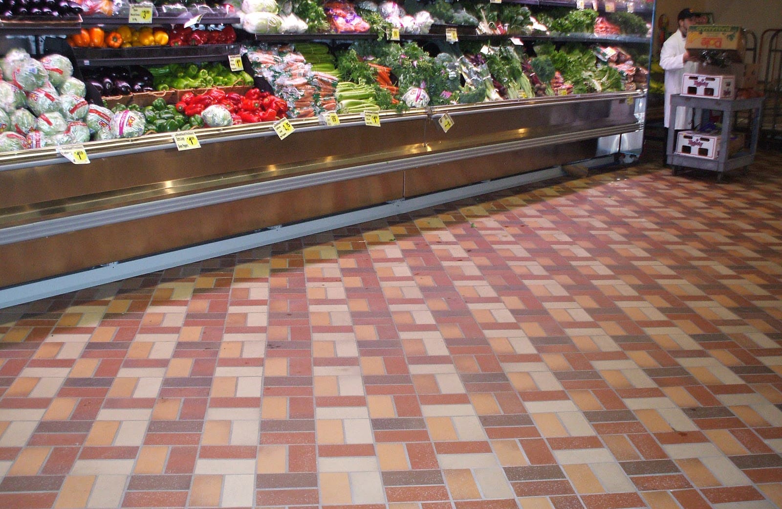 Commercial ceramic tile flooring in a grocery store, durable tile for a high-traffic space