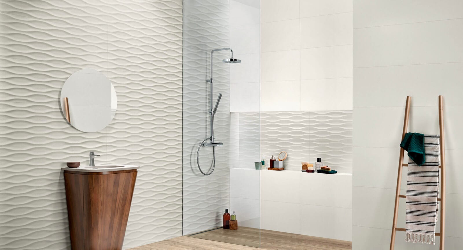 White bathroom with gauged porcelain tile and a wave-like 3D pattern

