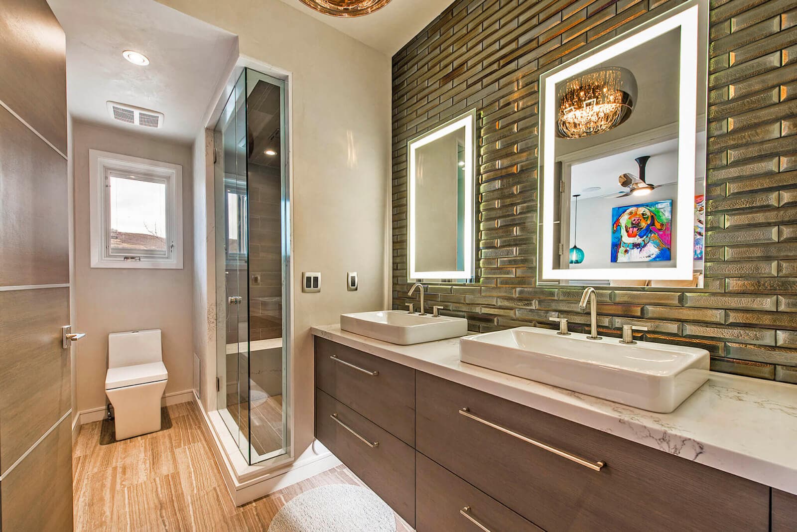 Modern bathroom with golden brick-look tile backsplash