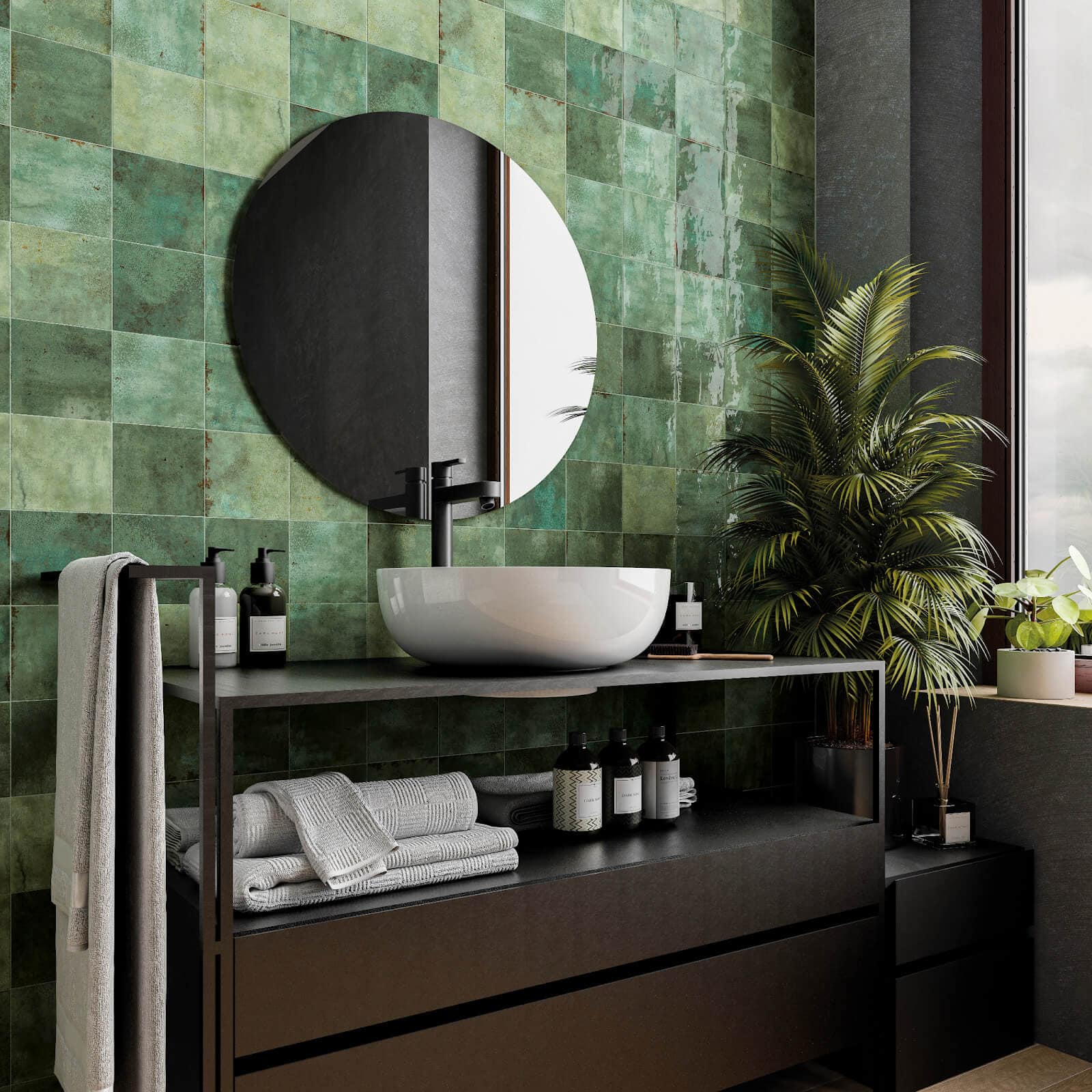 Bathroom with green tile grid in a variegated look
