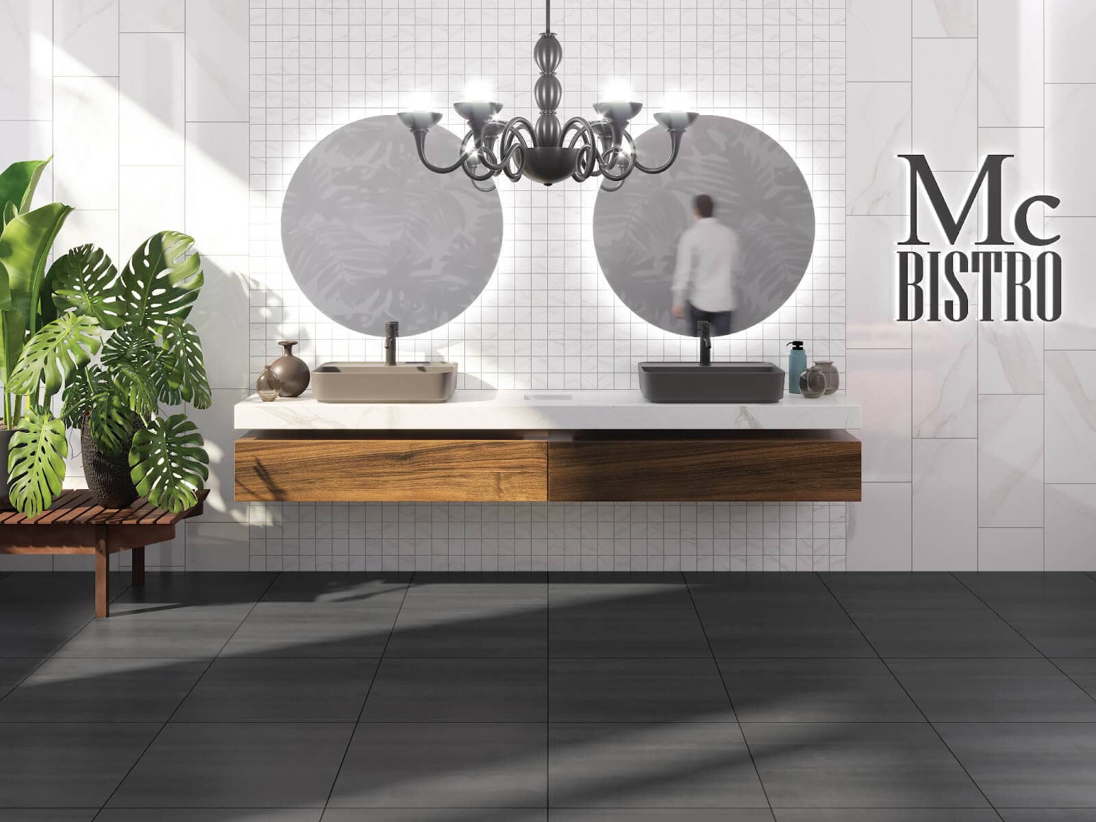 Business bathroom sink with Mini tile grid in a marble look

