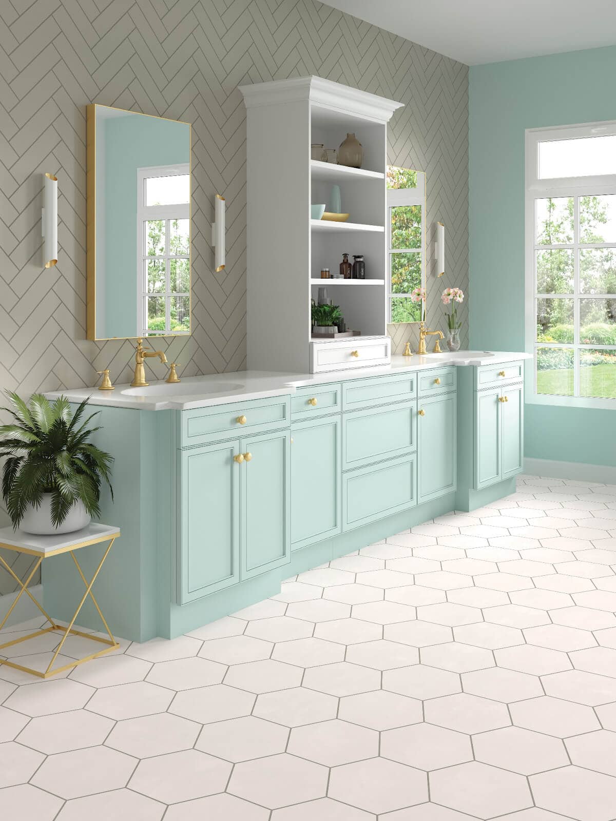 Spacious bathroom with blue and green drawers and greige herringbone tile in a matte finish
