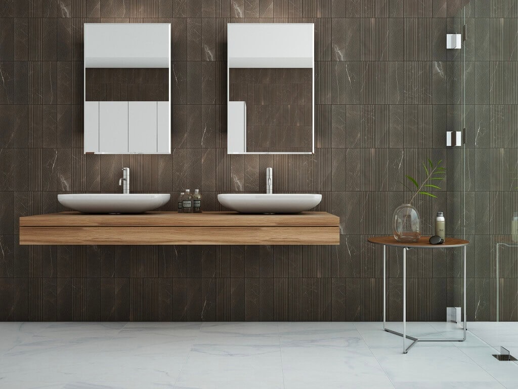 Contemporary bathroom with dark brown marble-look tiles


