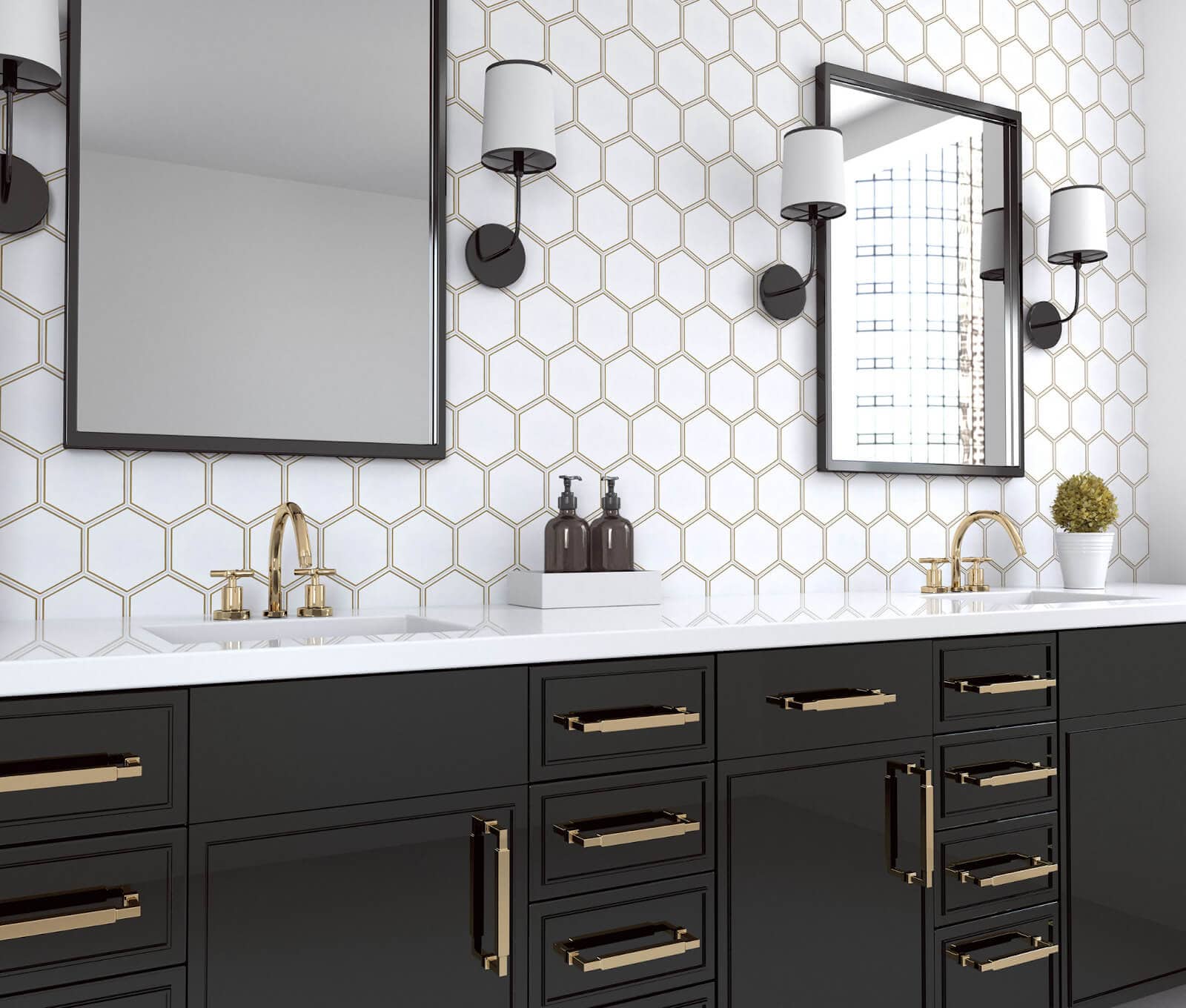 Bathroom sinks with white hexagon tile backsplash


