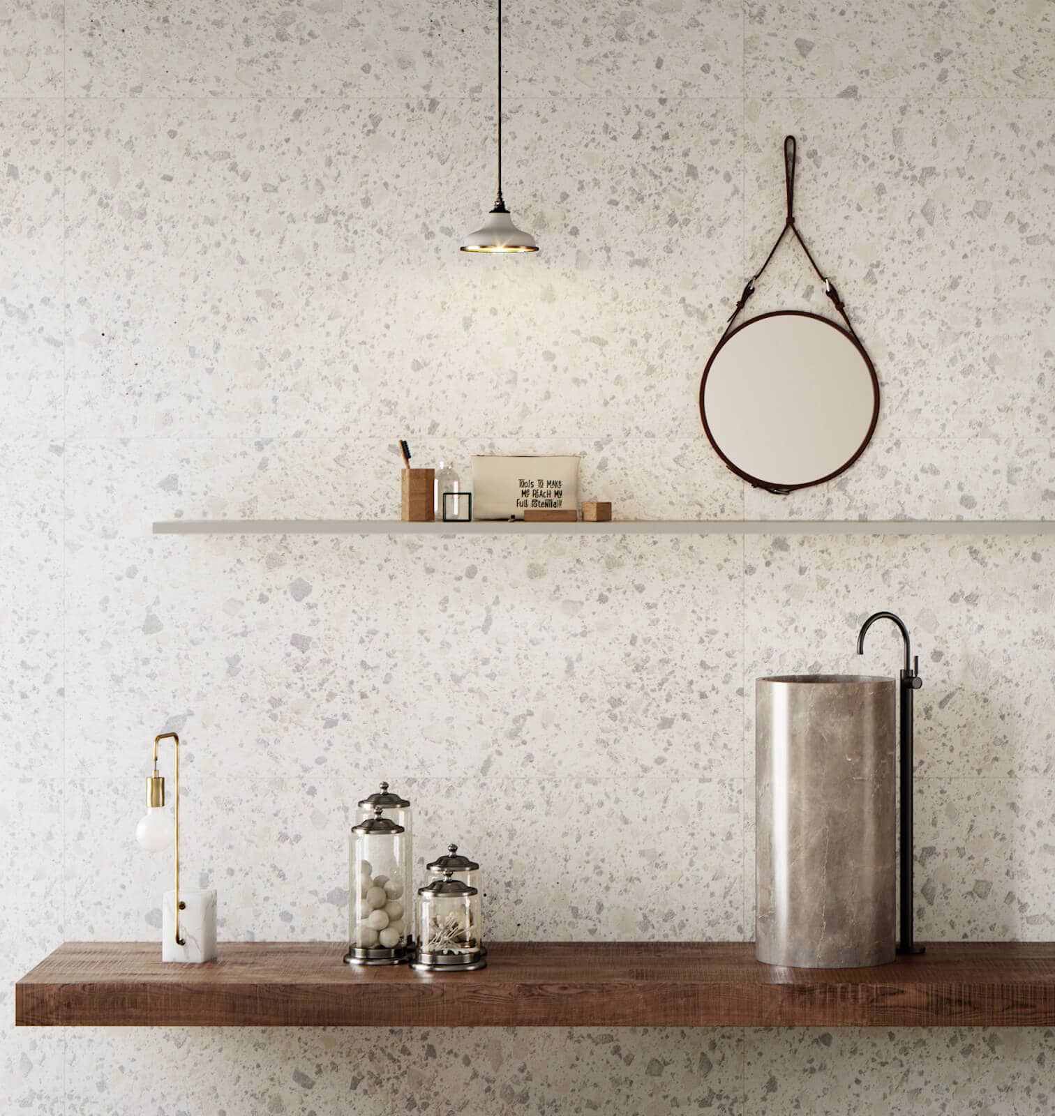 Wall with terrazzo-look tile in white 

