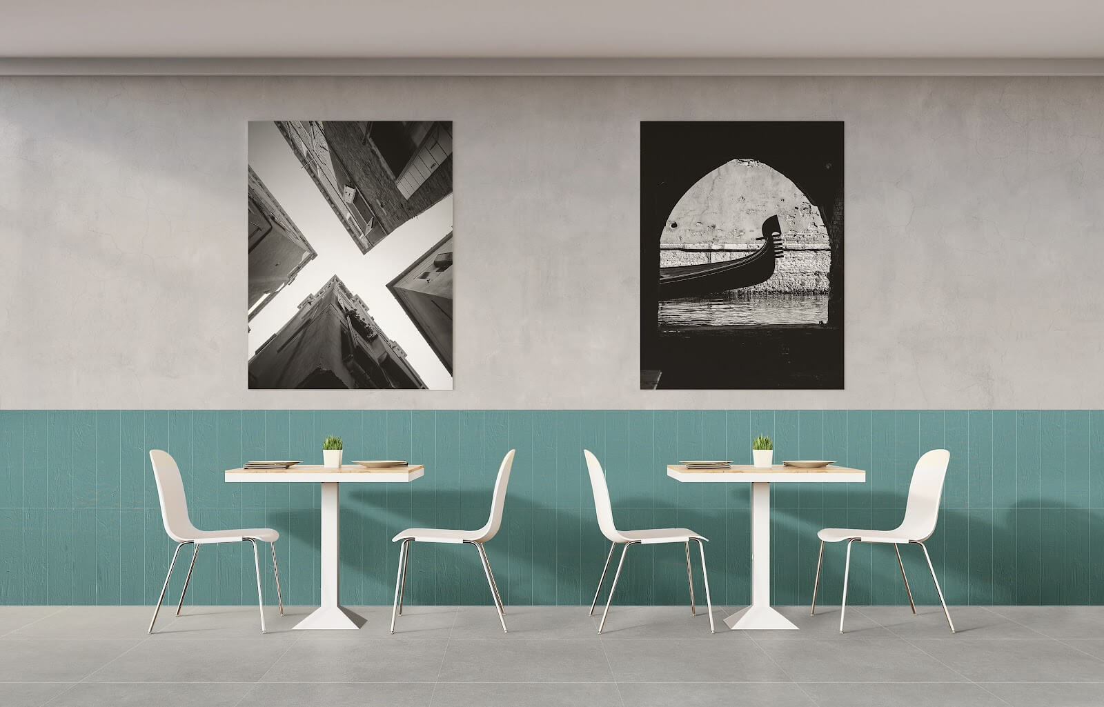 Restaurant space with aquamarine tile in the wall