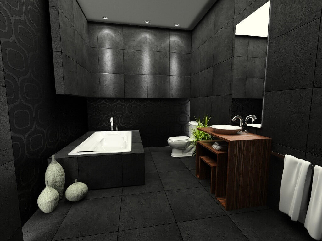 Dark bathroom with tub and concrete-look tile in black

