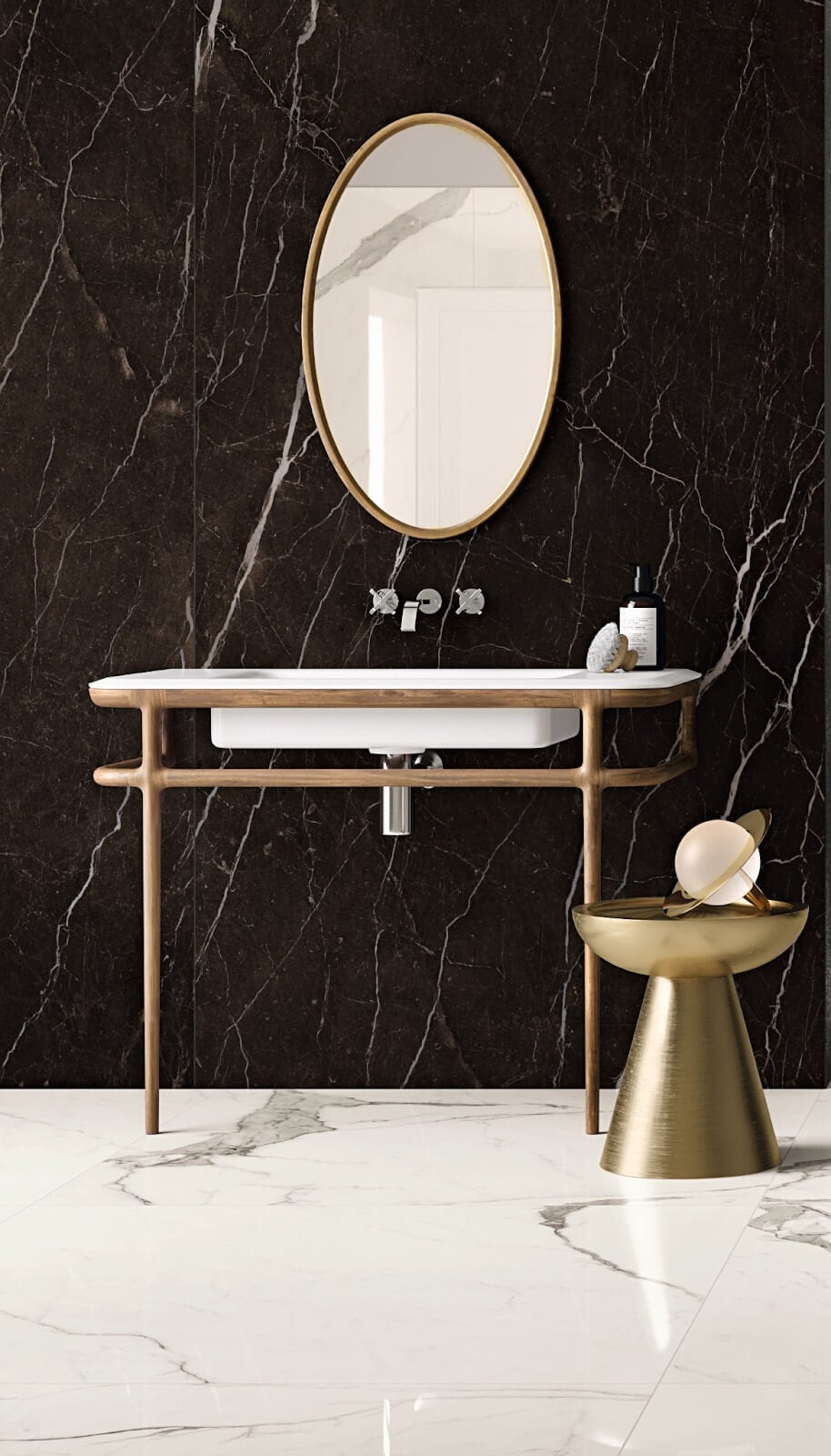 Bathroom with gauged porcelain tile backsplash in a black marble look

