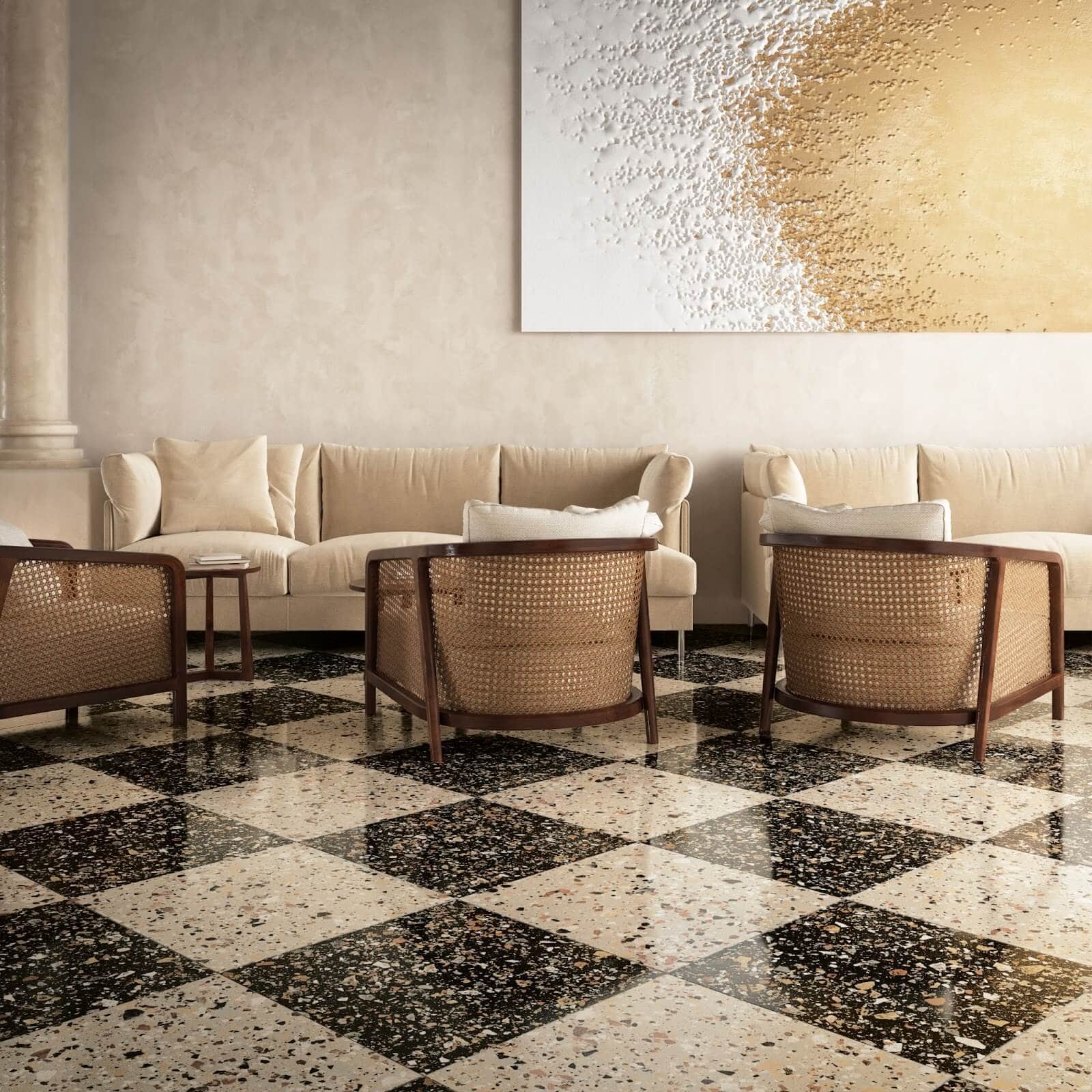Waiting space in hotel with black and white ceramic tile flooring