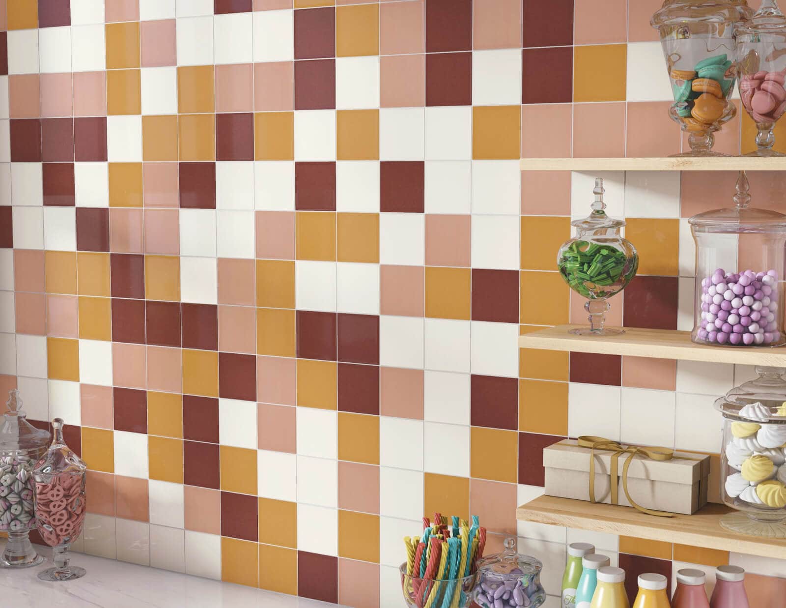 Trendy kitchen tile design with a blush tile backsplash
