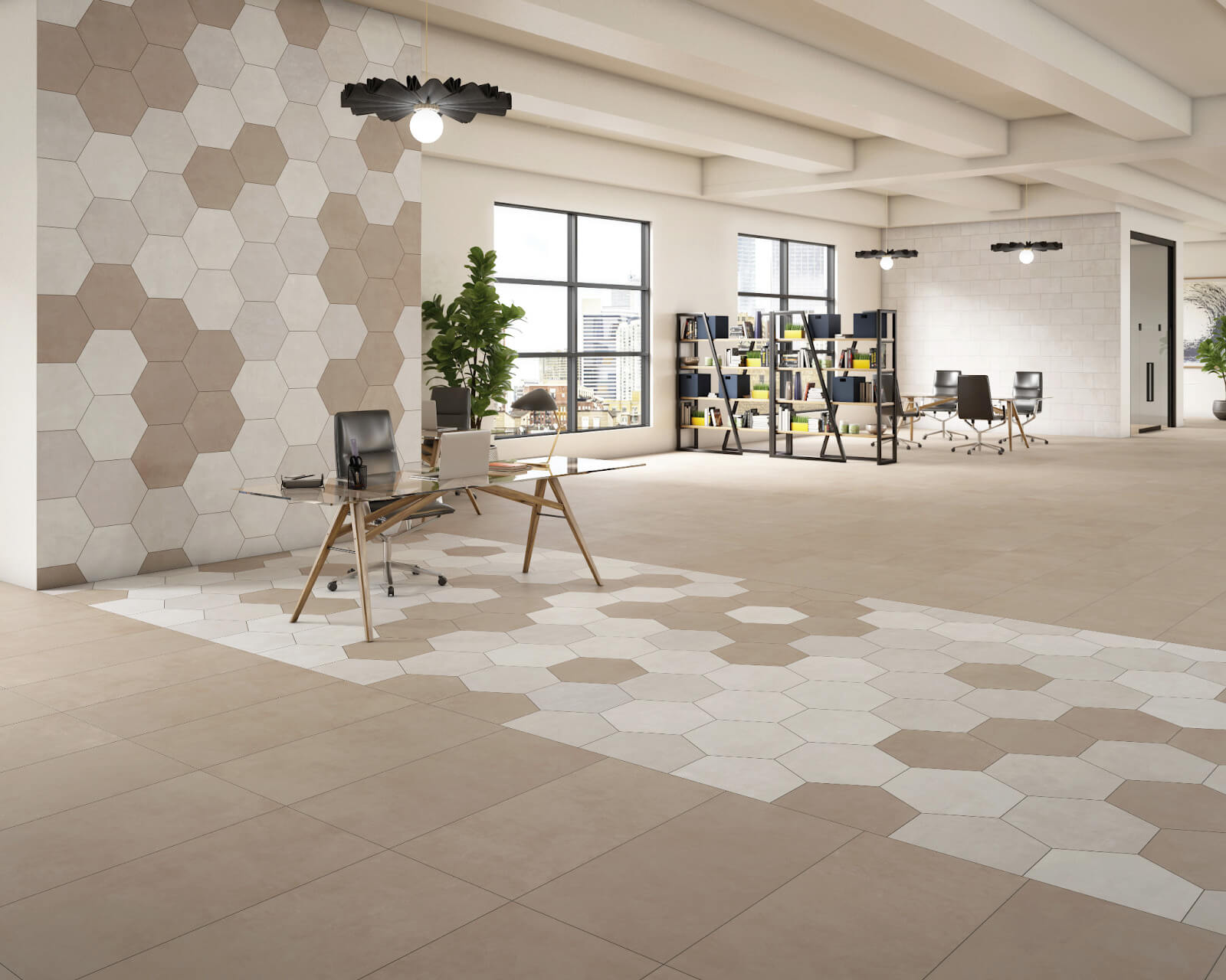 Office space with blush pink hexagon tiles in hex design