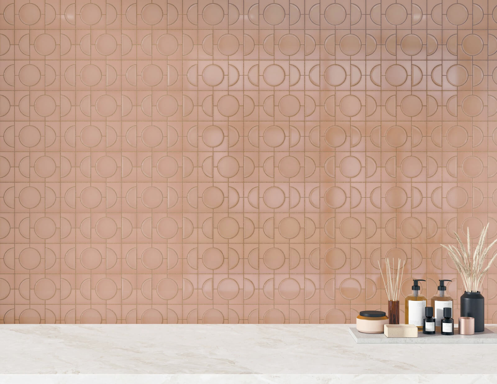Blush mosaic tiles in various shapes for powder room
