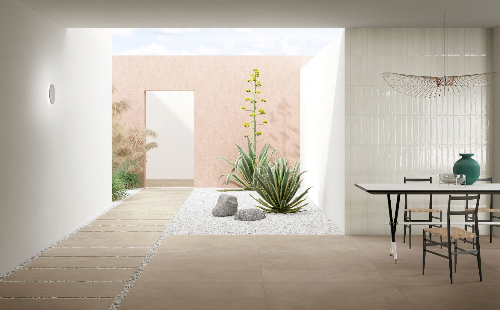 Indoor-outdoor space with two different shades of blush tile