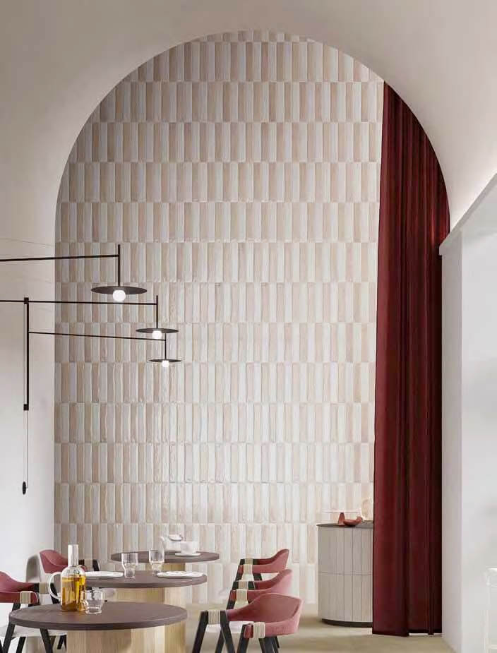 Restaurant wall with white and blush subway tile
