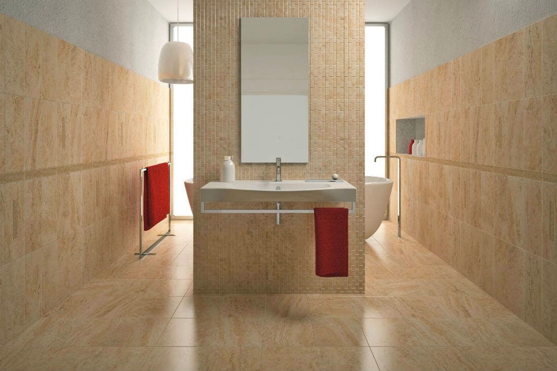 Stone-look mosaic backsplash tile in caramel tones for bathroom

