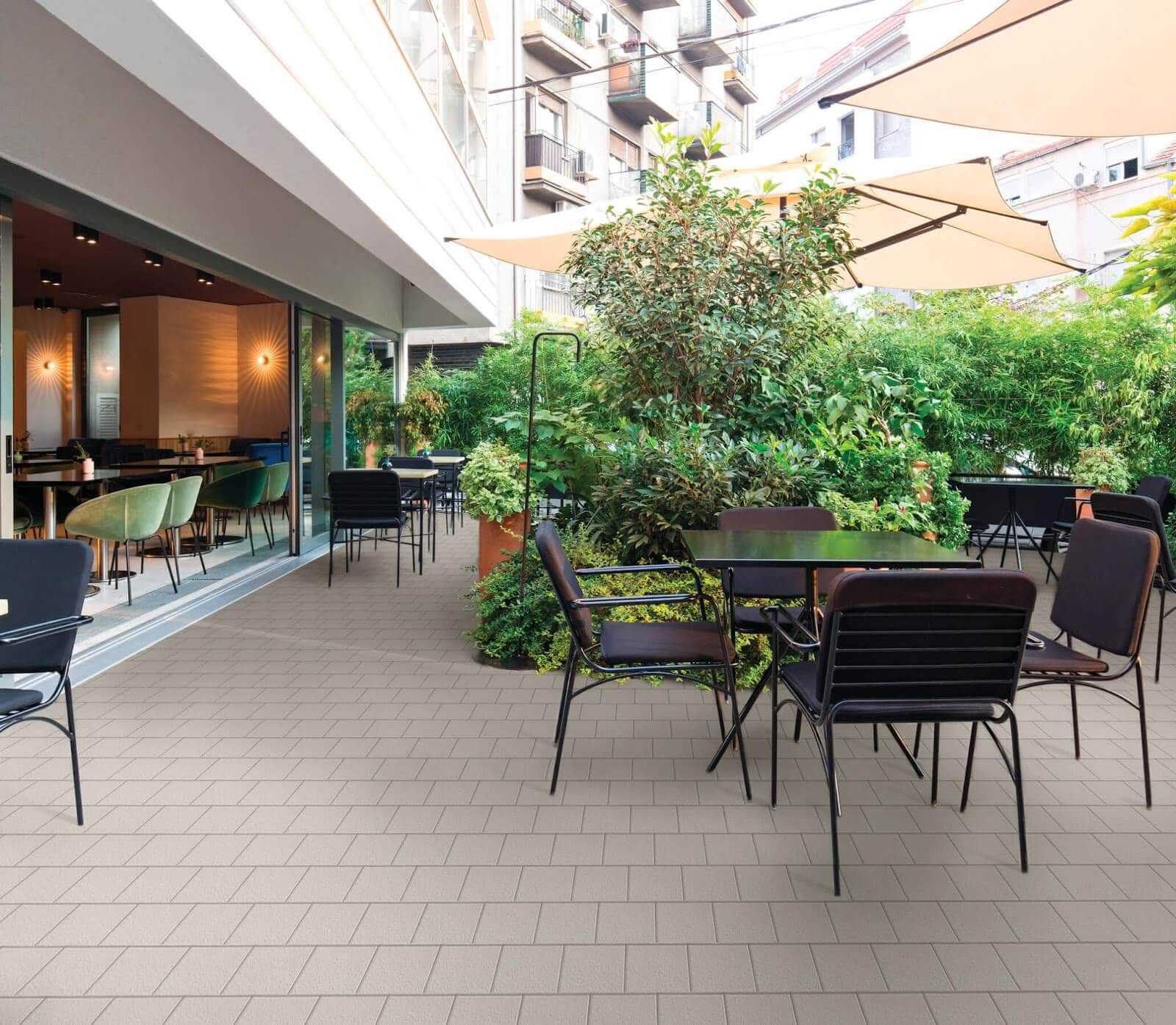 Outdoor hotel eating area with versatile ceramic tile