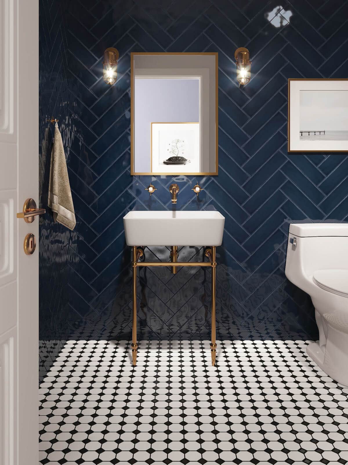 Blue herringbone bathroom tile wall with octagon and dot tile flooring