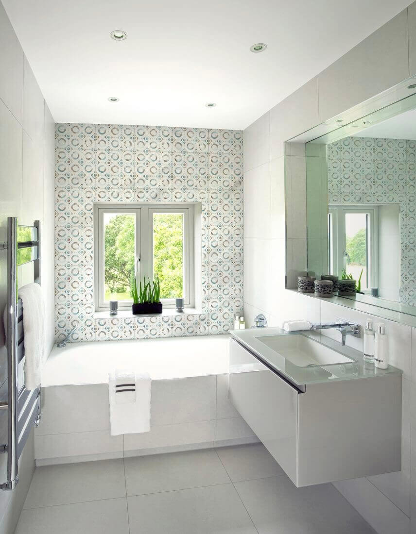 Bright bathroom with Llrge white tile panels

