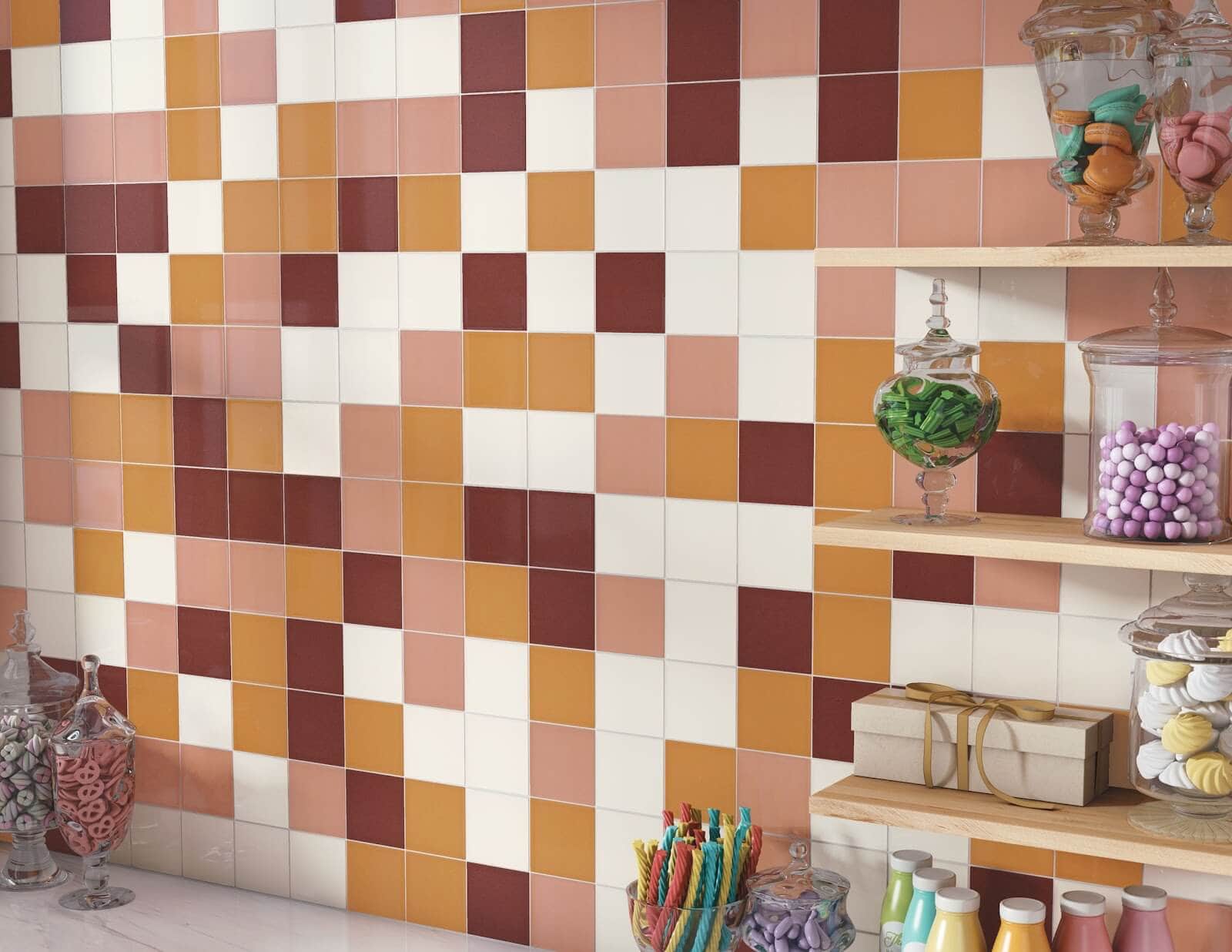 Earthy jewel tile tones for kitchen counter