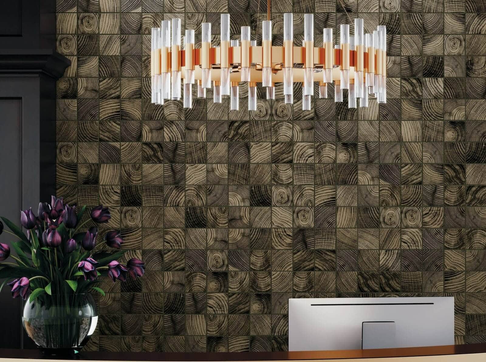 Endcut wood grain-look ceramic tiles for lobby's walls
