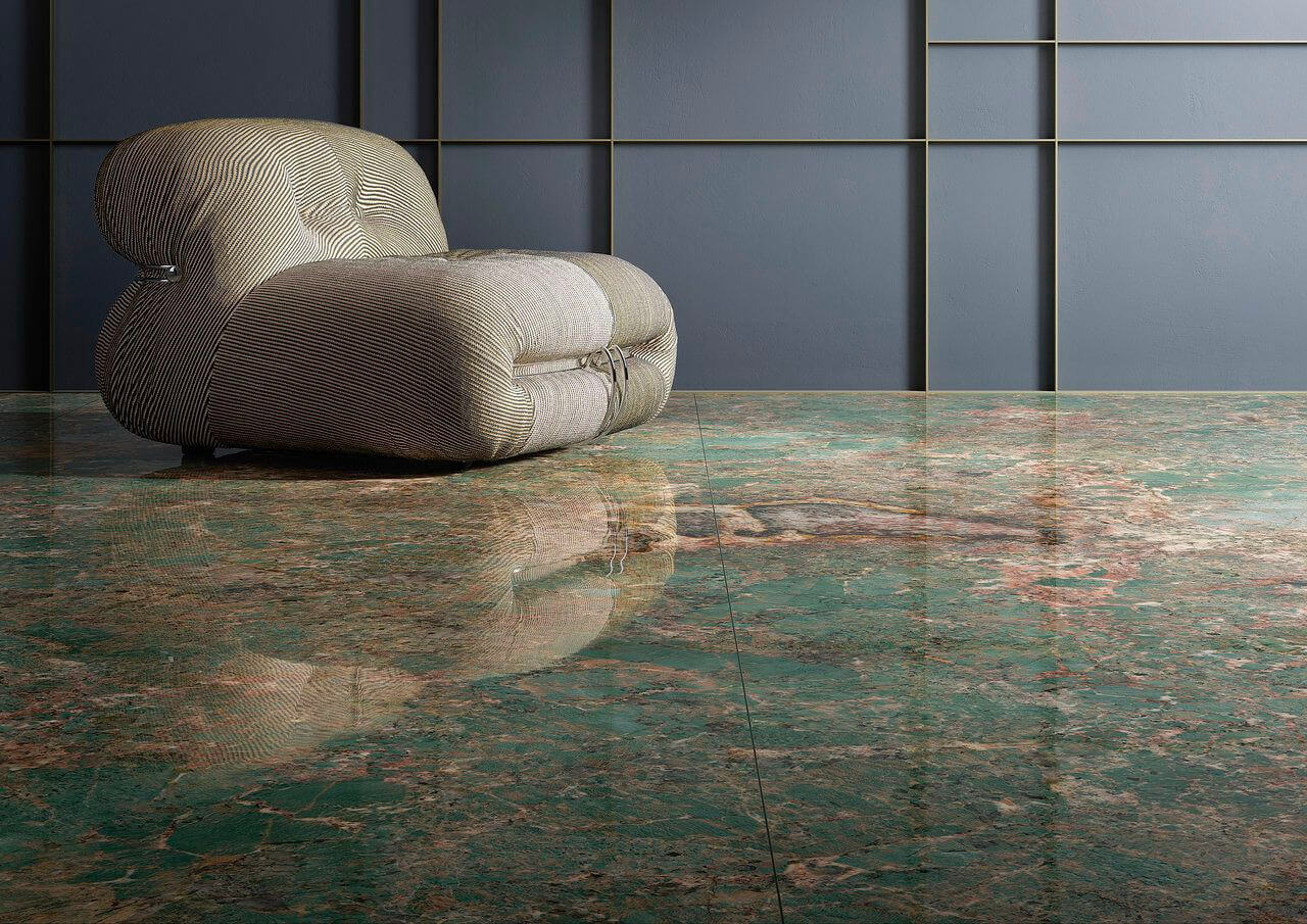 Amazonite-look flooring for hotel space