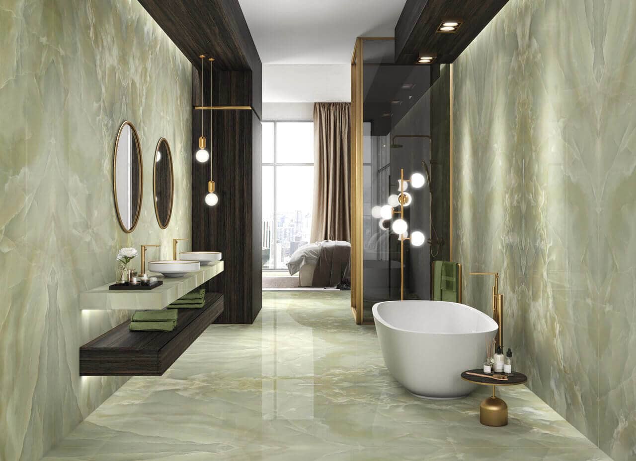 Bathroom with green gemstone-look porcelain tile. 