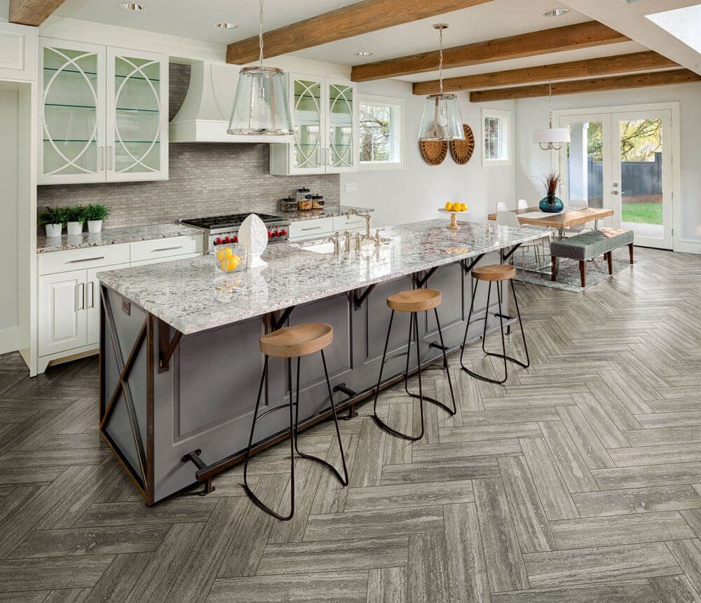 Spacious granite-look tile kitchen island