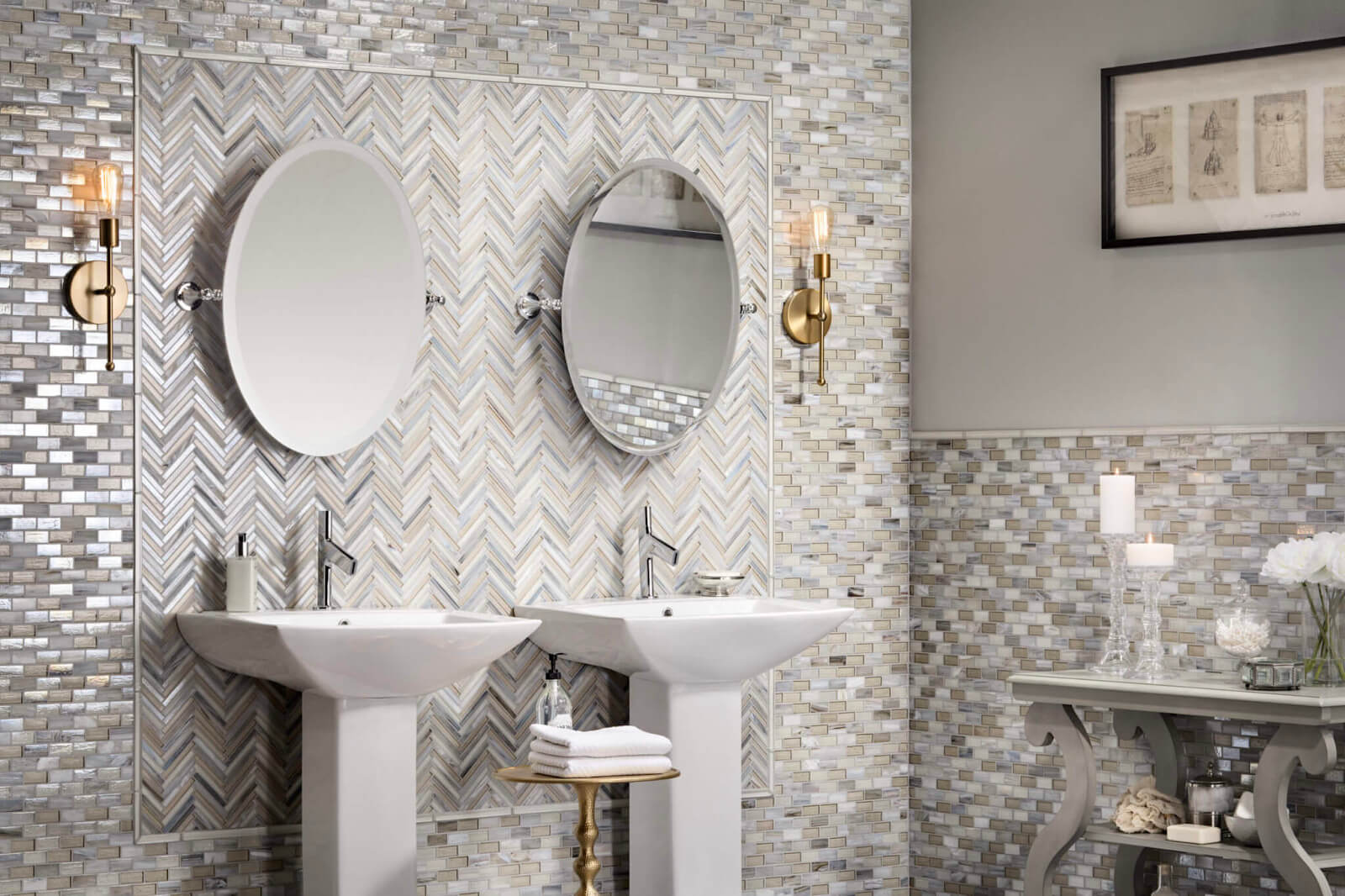 Chevron glass mosaic tile in gray, beige, and cream