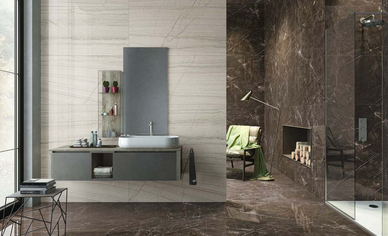 Modern bathroom with marble-look tile in greige
