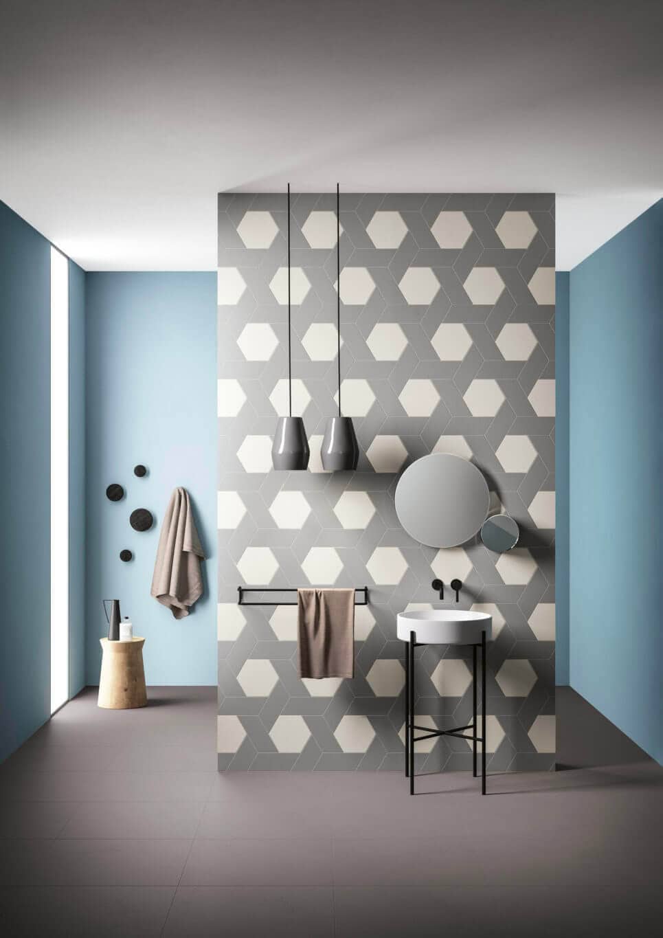 Hexagon and rhombus tiles in gray and white