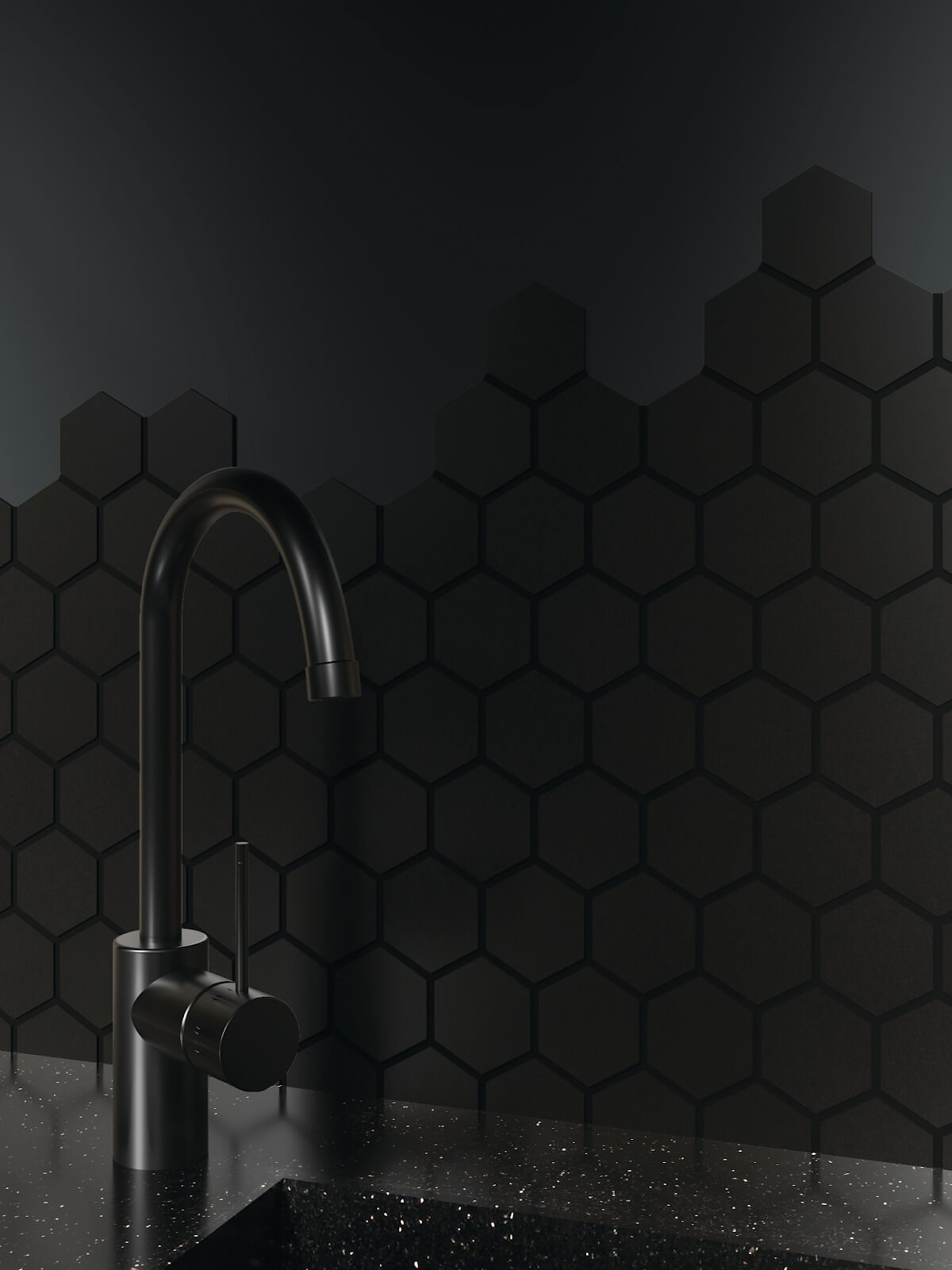 Black hexagon tile backsplash