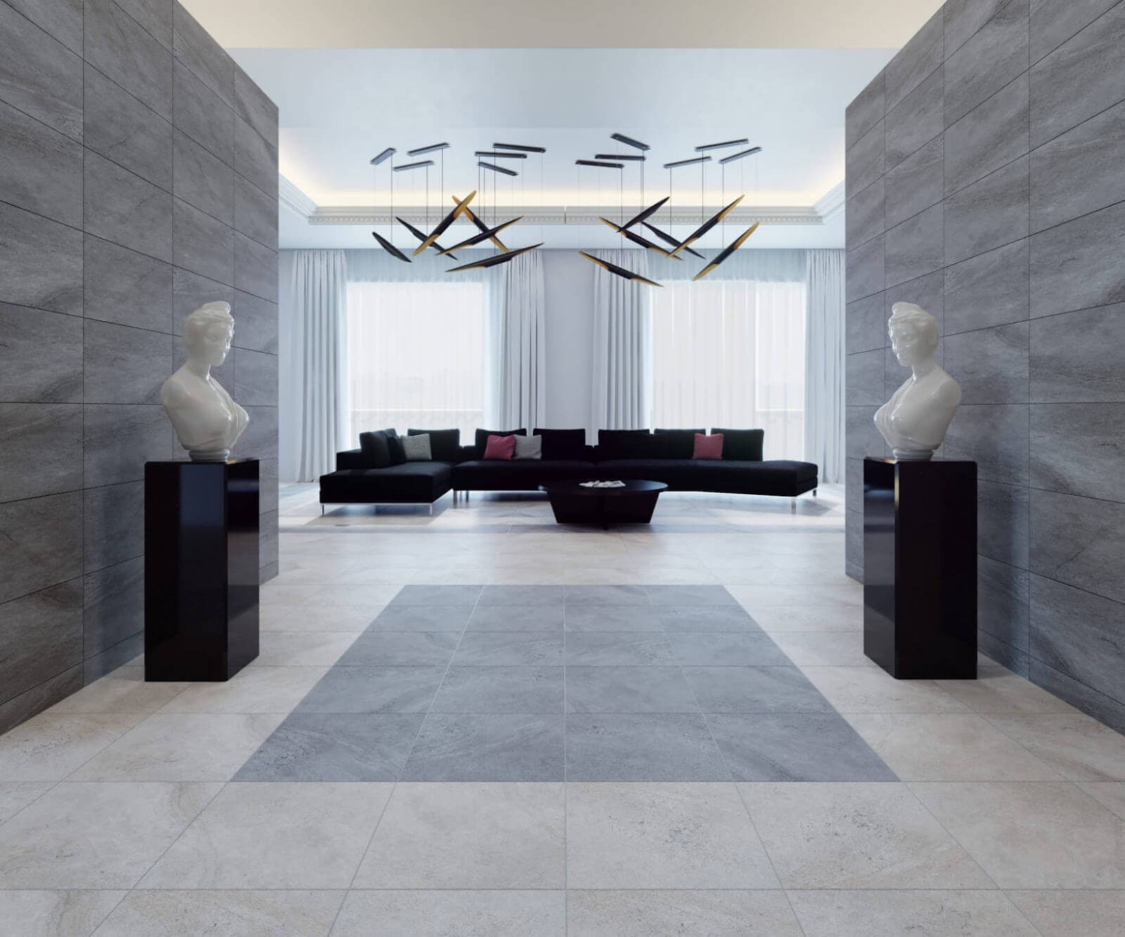 Large hotel space for guests with ceramic tile floor installation
