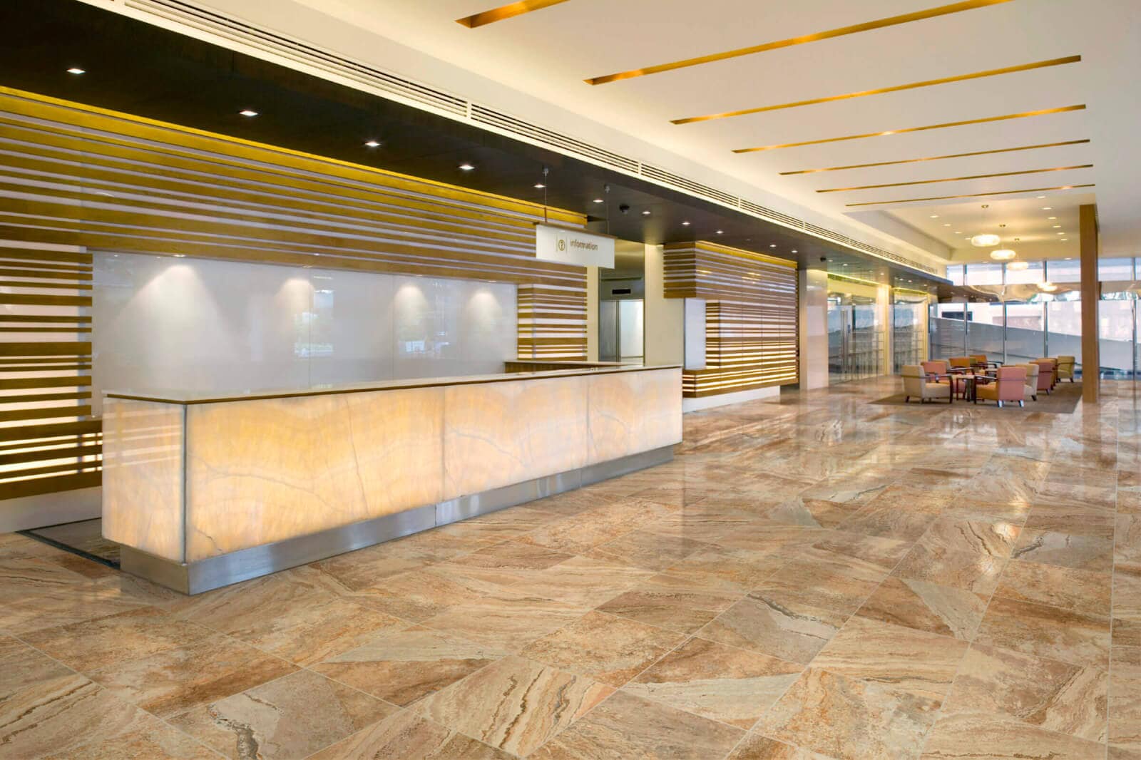 Hotel lobby with ceramic tile flooring