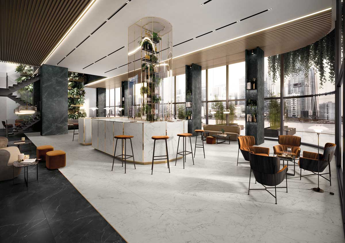 Hotel bar/ restaurant with dark and white marble-look ceramic tile
