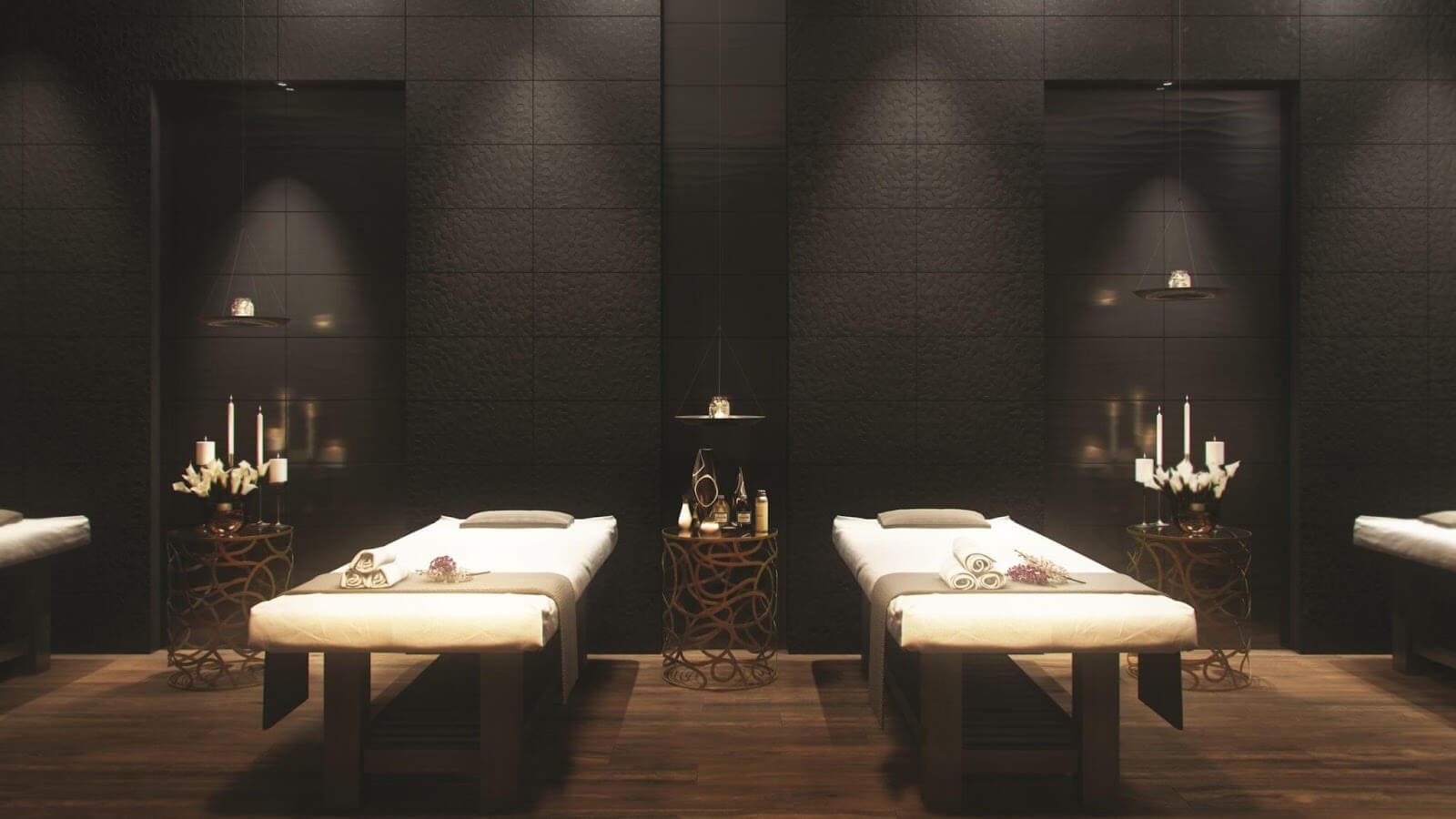 Hotel spa with dark-brown tile flooring options