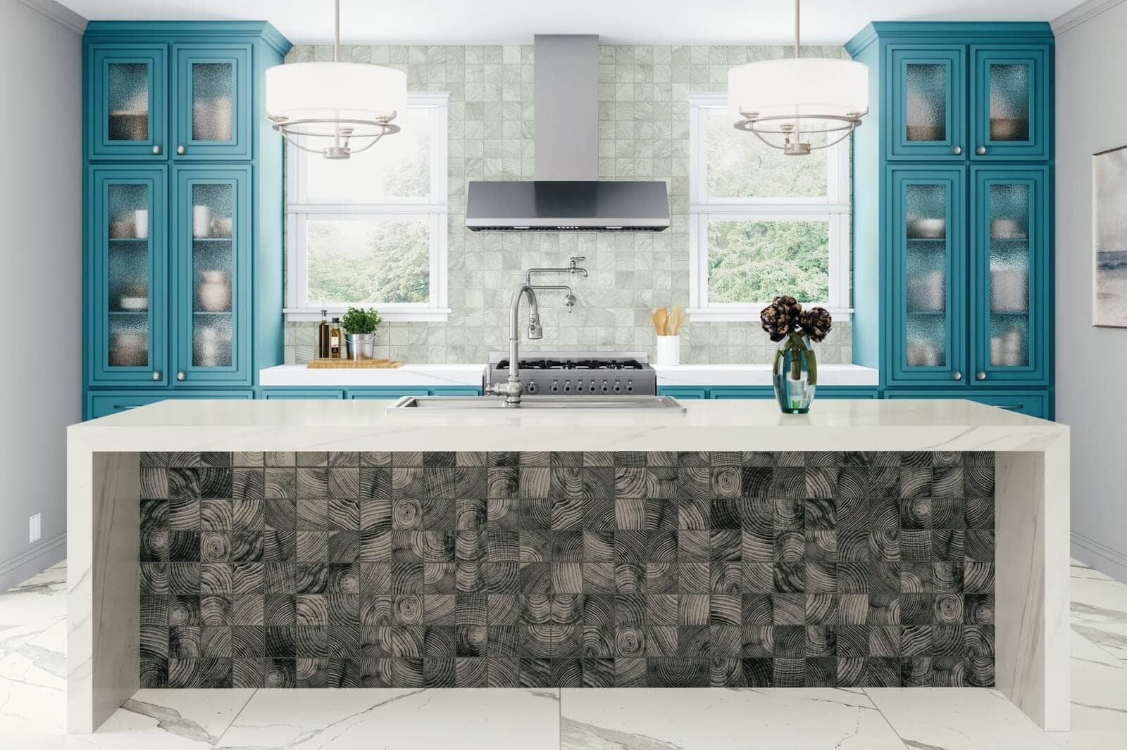 Colorful kitchen and white center island with backsplash dark tile