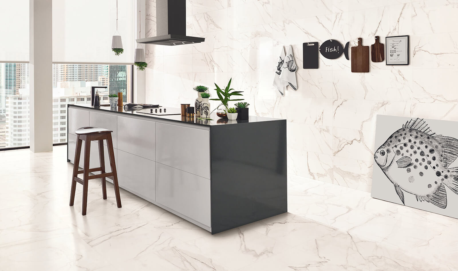White, modern monochrome tile kitchen island