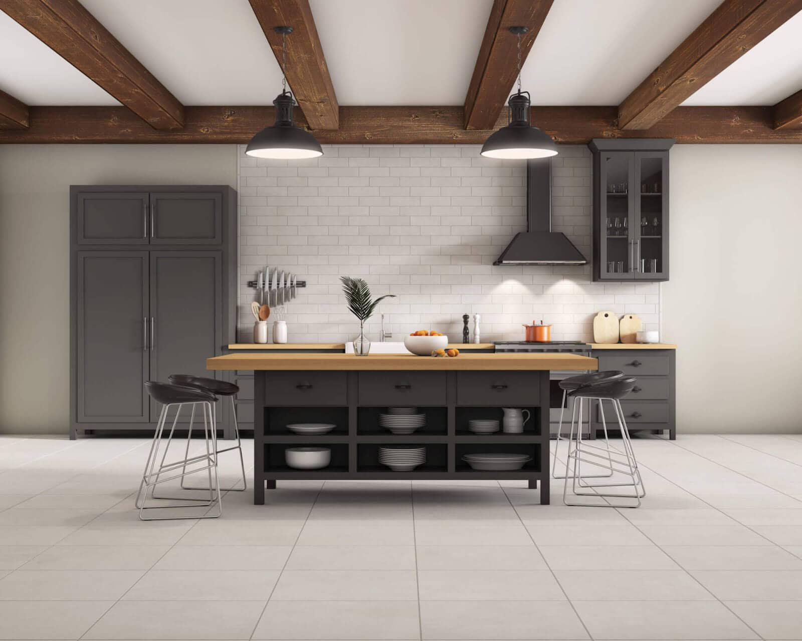 Kitchen with cream tile flooring and backsplash