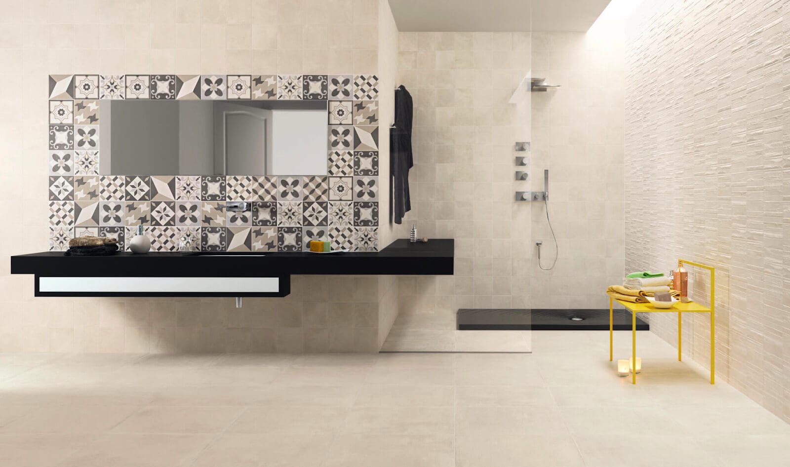 Bathroom with mix and match of different tile patterns

