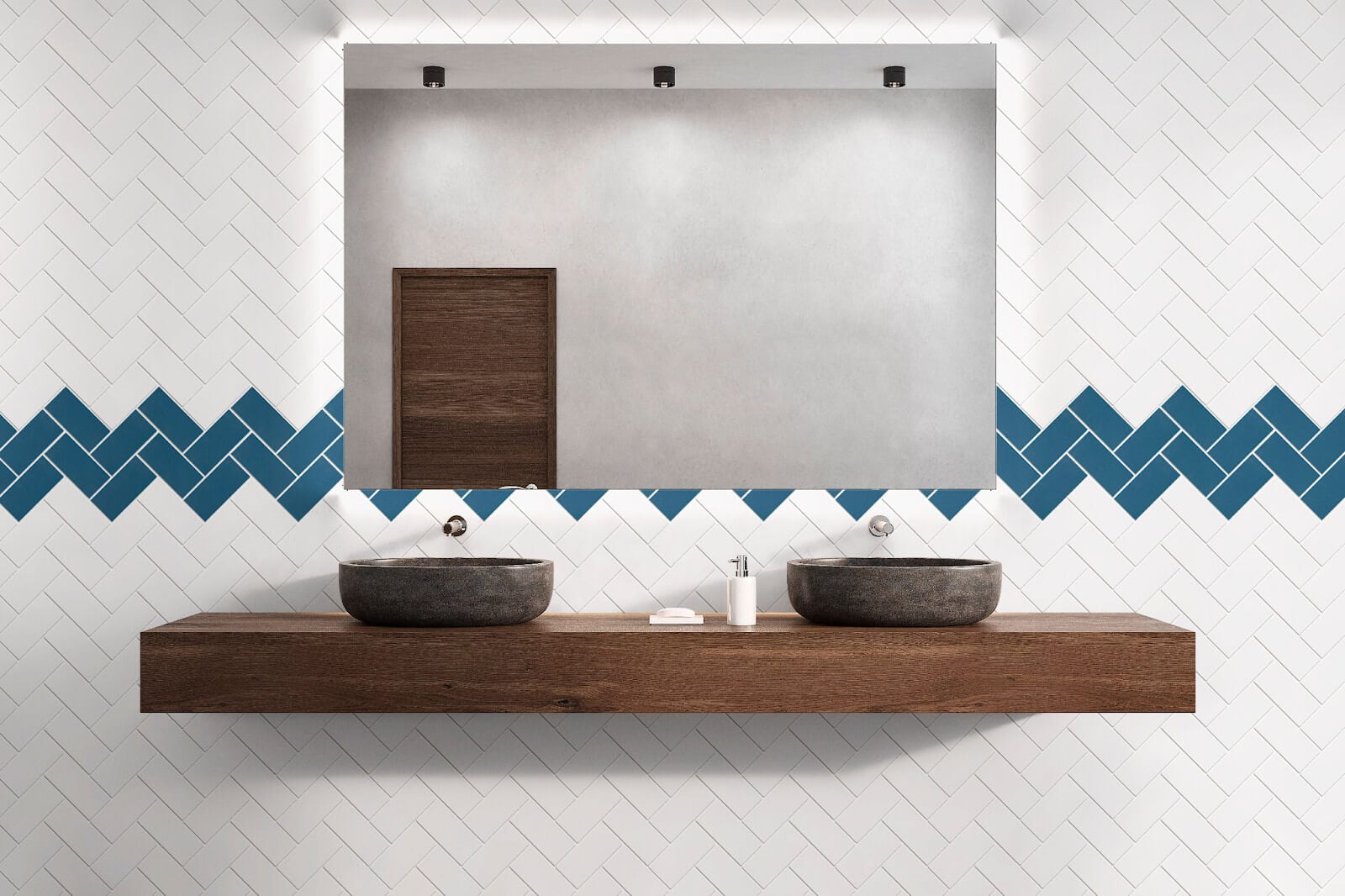White herringbone powder room tile wall with a blue accent strip